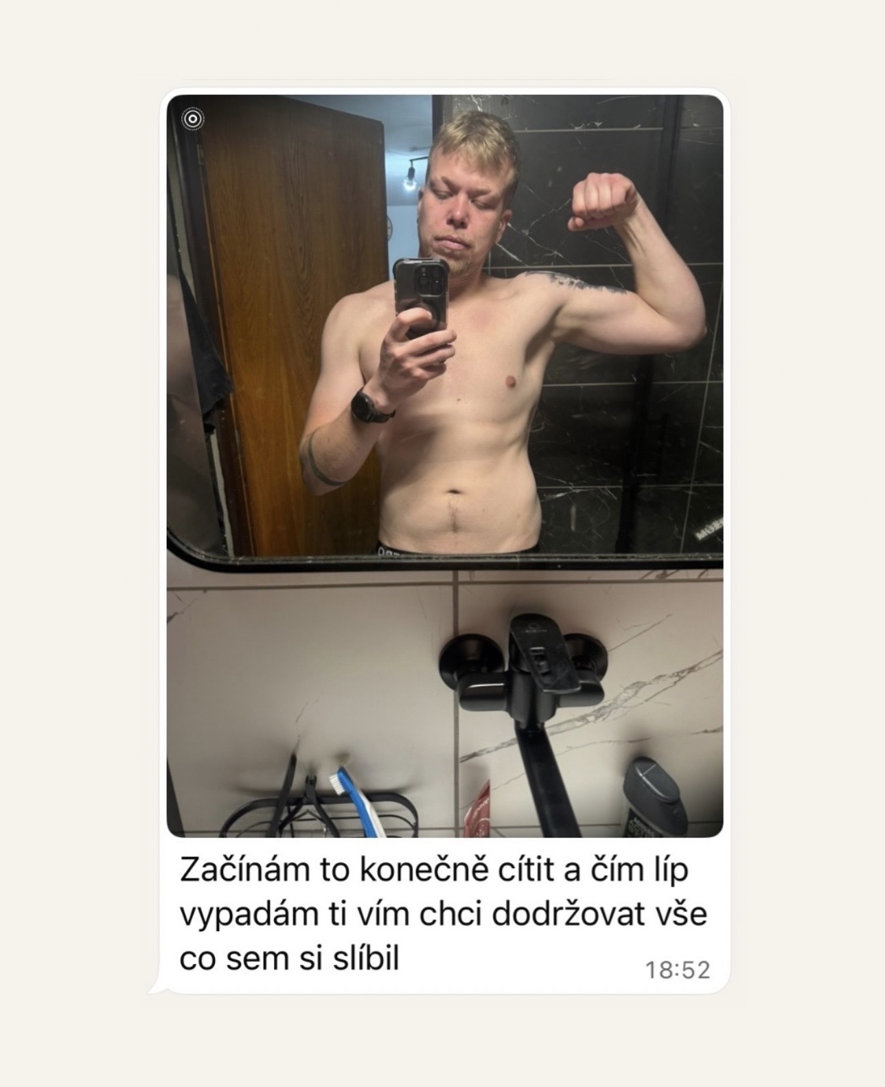 Zpráva od klienta Kuby s fotkou progresu
