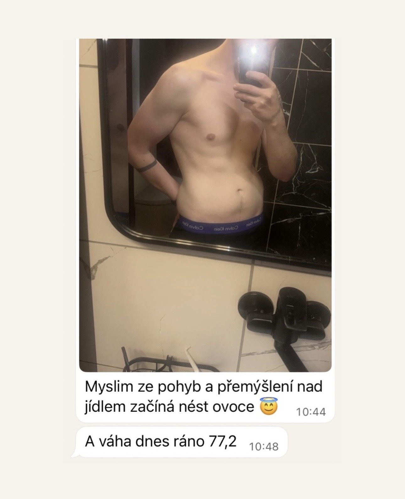 Zpráva od klienta o pokroku a váze 77,2 kg